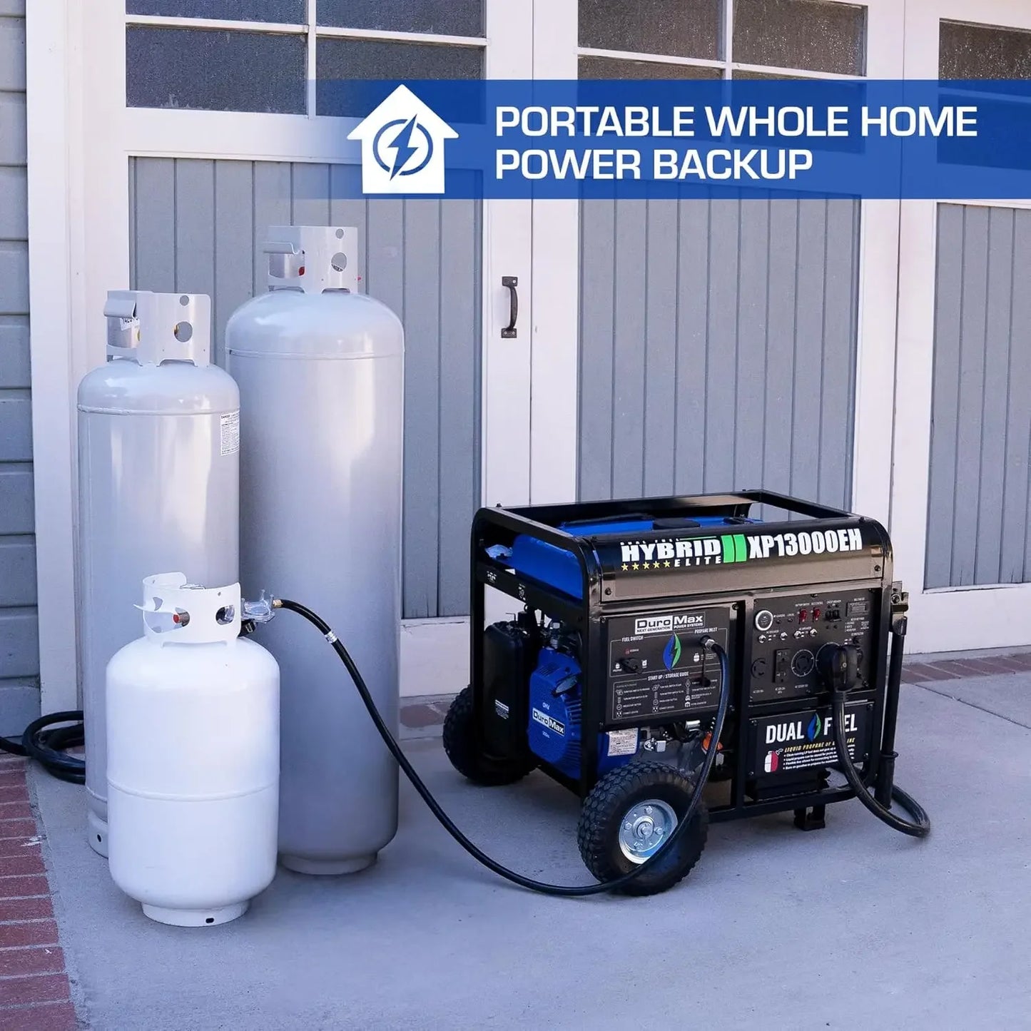 Dual Fuel Portable Generator 13000 Watt Gas or Propane Powered Electric Start-Home Back Up/Blue/Gray