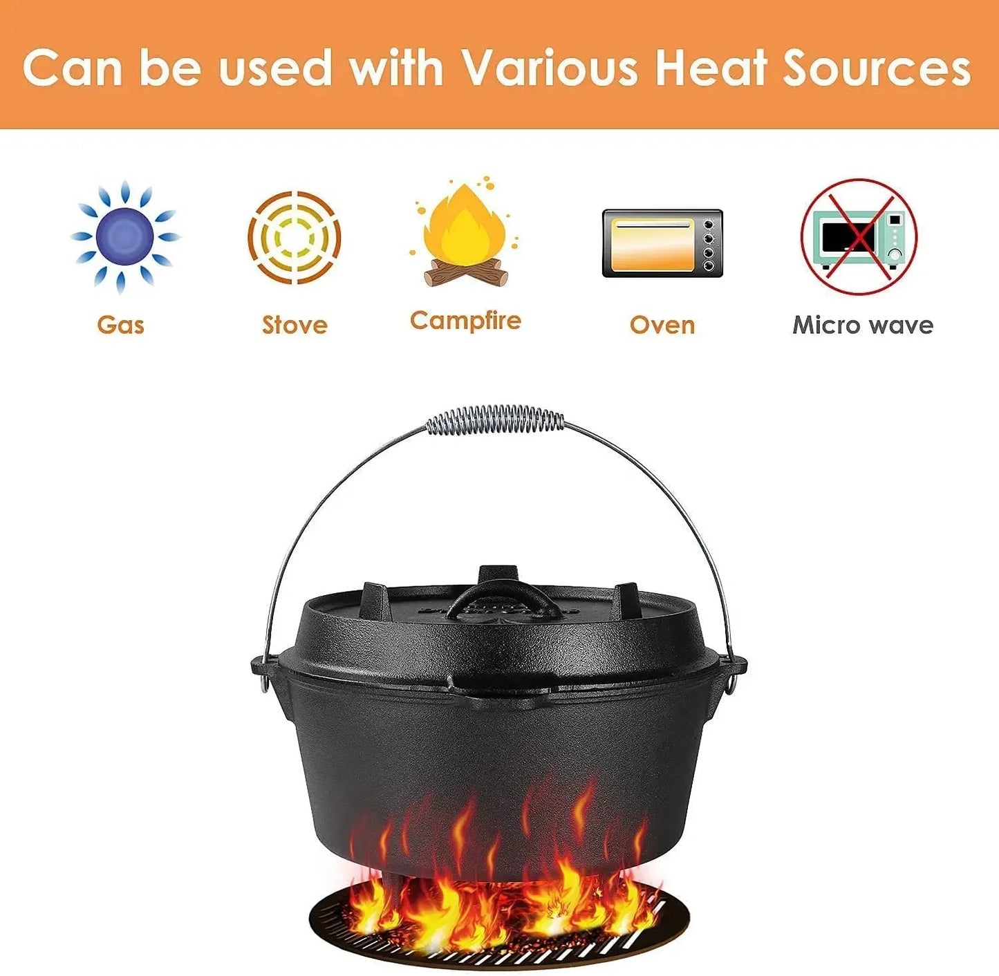 12.5 Quart Cast Iron Dutch Oven Camping Pot Outdoor Portable Multi-function Cookware