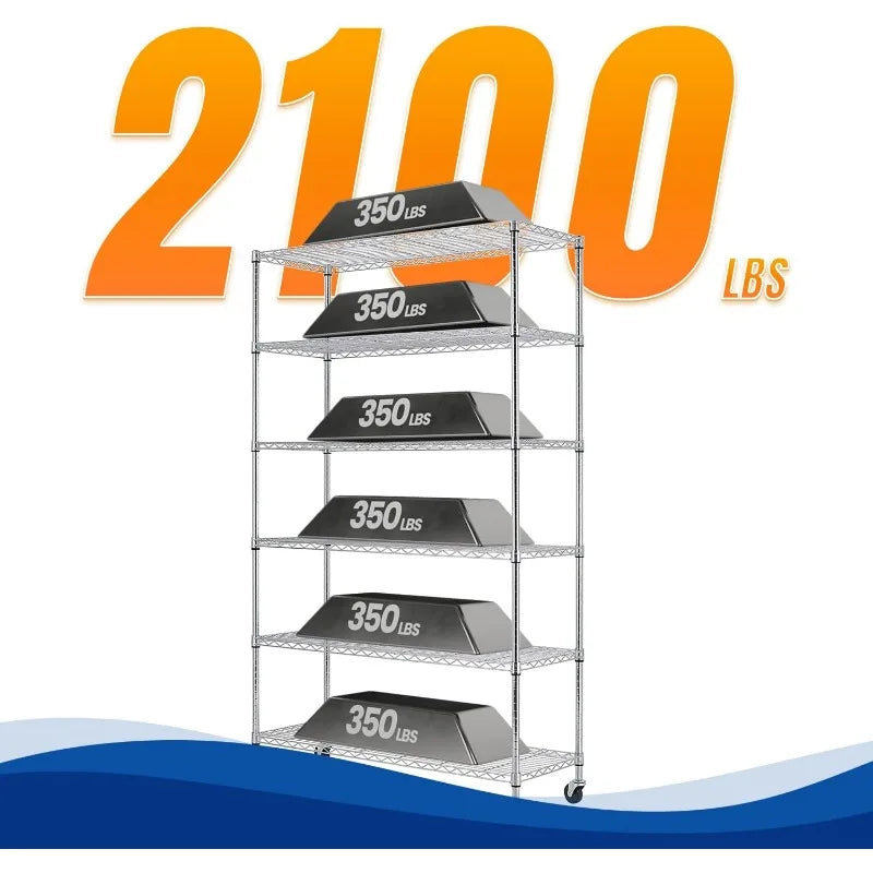 Storage Shelves 2100Lbs Capacity, 6-Shelf on Casters 48" L×18" W×72" H Commercial Wire Shelving Unit