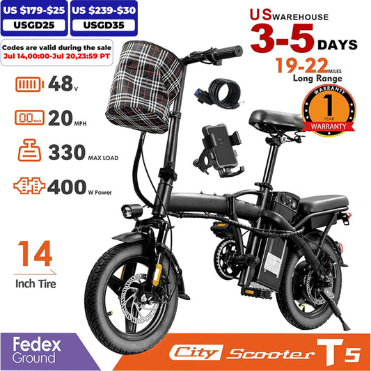 14inch Road Tires Cheap Bicimoto Electrica w/Basket 48V 400W Folding Ebike Carbon Steel Lightweight