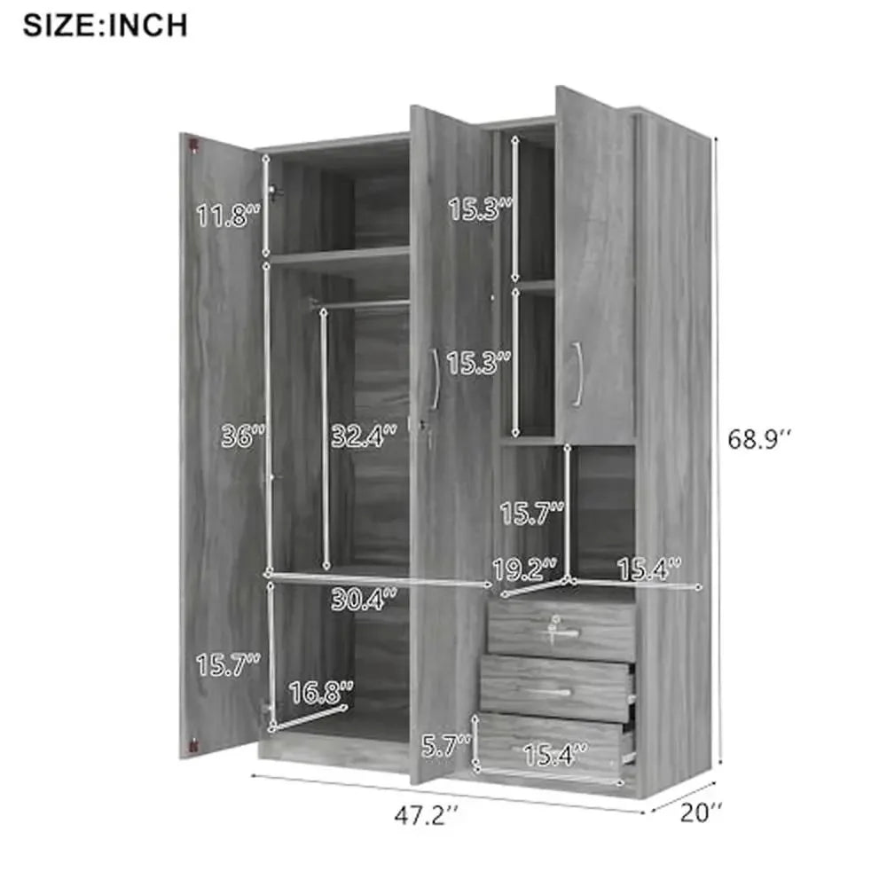 Wooden Wardrobe Organizer with Hanging Rod & Drawers Modern Bedroom Armoire Storage Solution