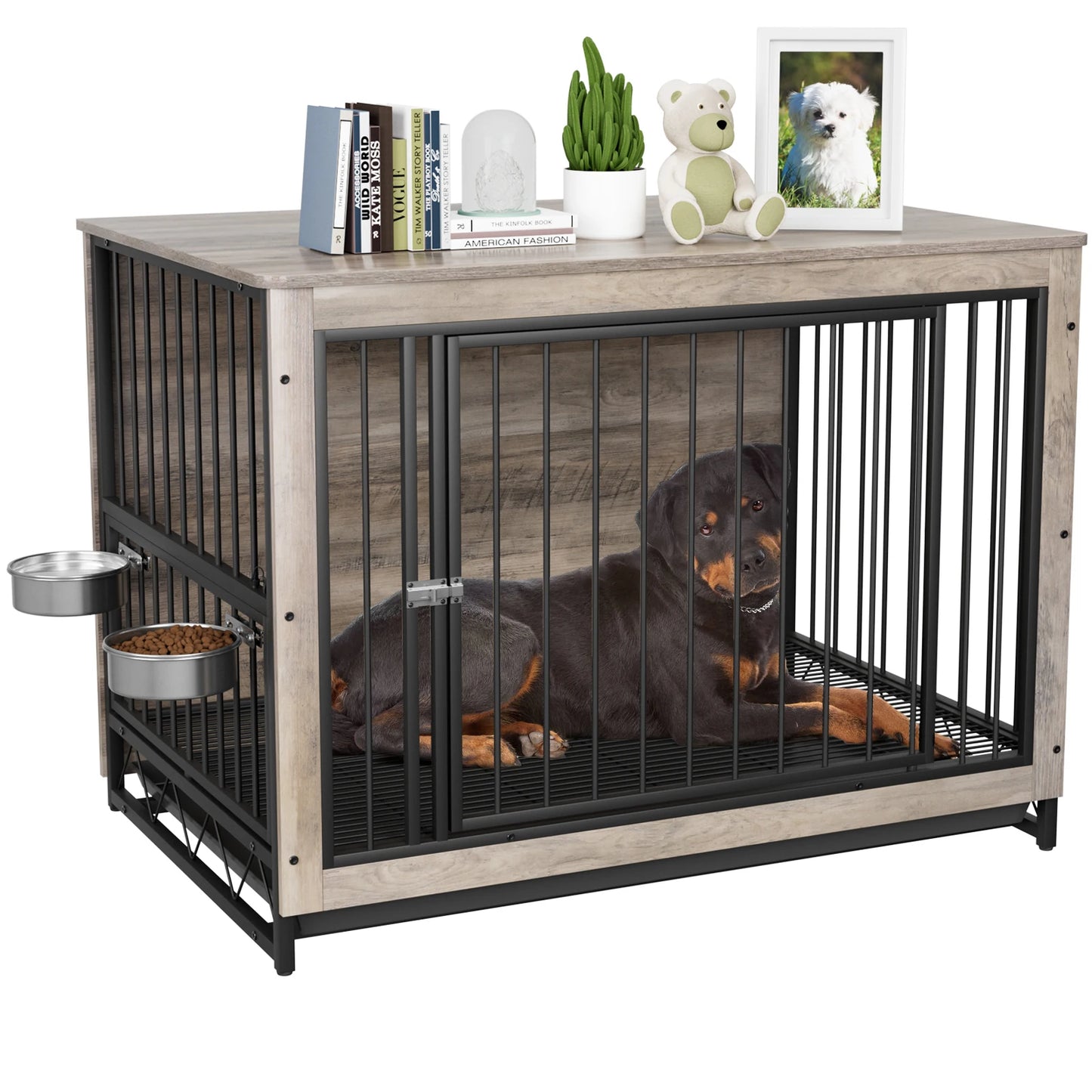 Furniture Style Dog Crate,Wooden Heavy Duty/ Raised Feeder/Dogs 2 Stainless Steel Bowls Brown/Gray