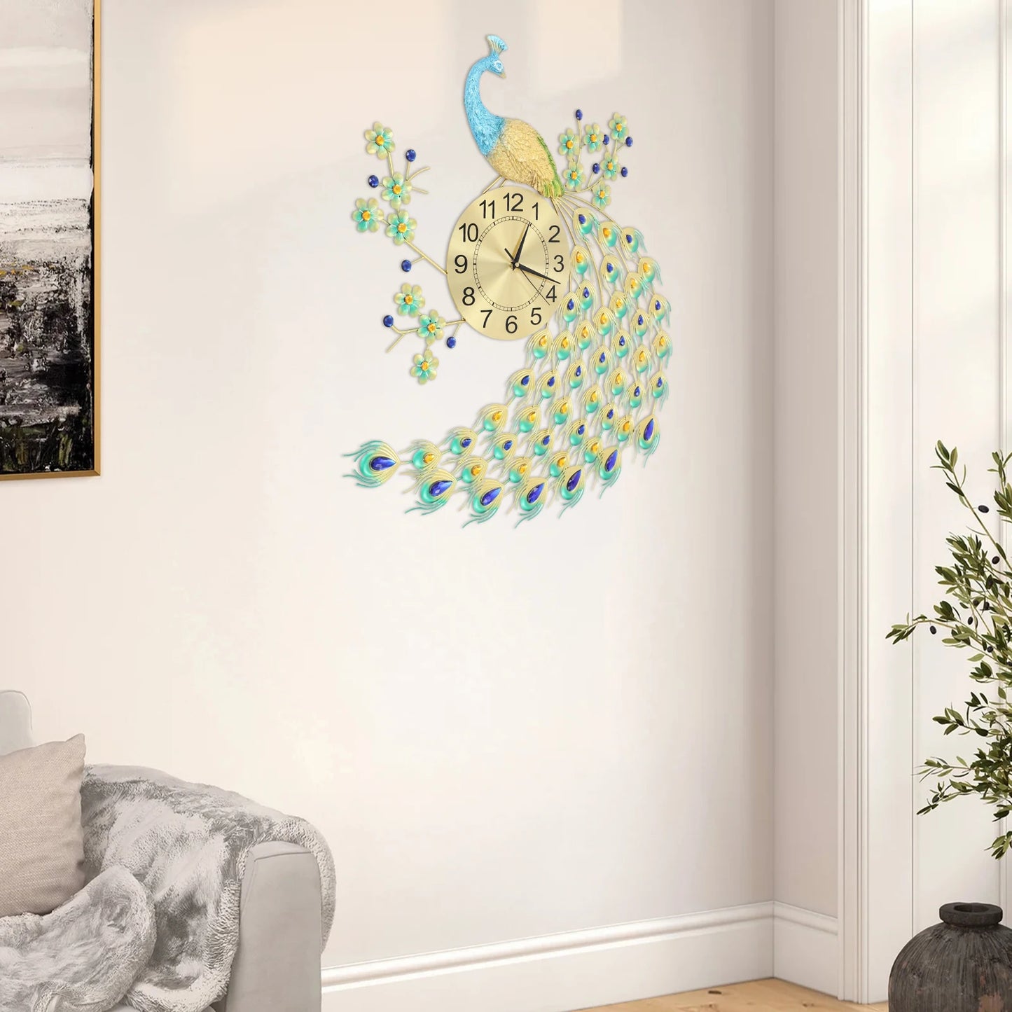 3D Creative Luxury Wall Clock Silent Non-Ticking Battery Operated Big Clock 29.5" Large Peacock