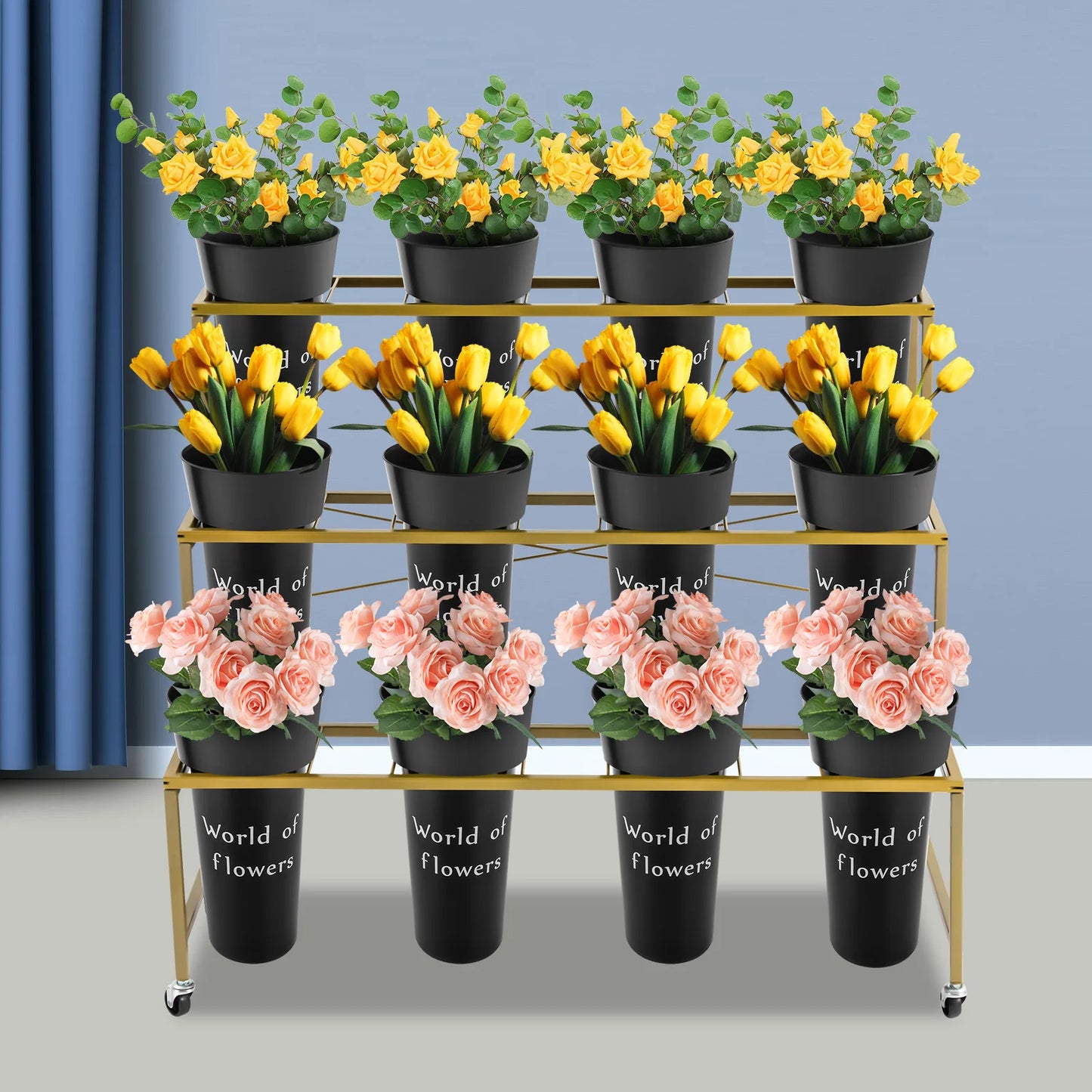 3 Layers Flower Display Stand with 12PCS Black Buckets,Metal Moving Plant Stand w/Wheels Display