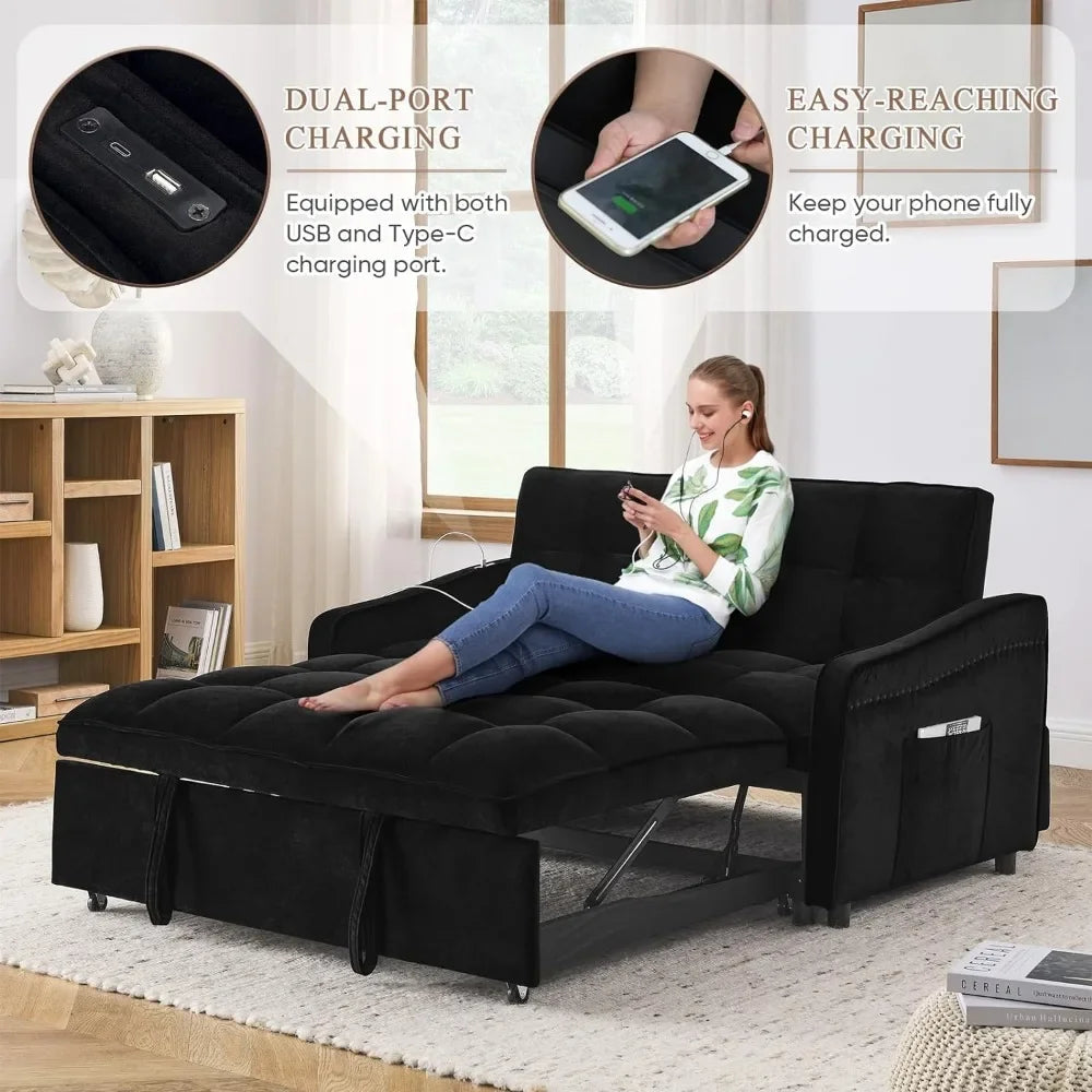 3 in 1 Sleeper Sofa Couch Bed w/USB & Type C Port, 52" Small Modern Loveseat Sofa w/Pull Out Bed