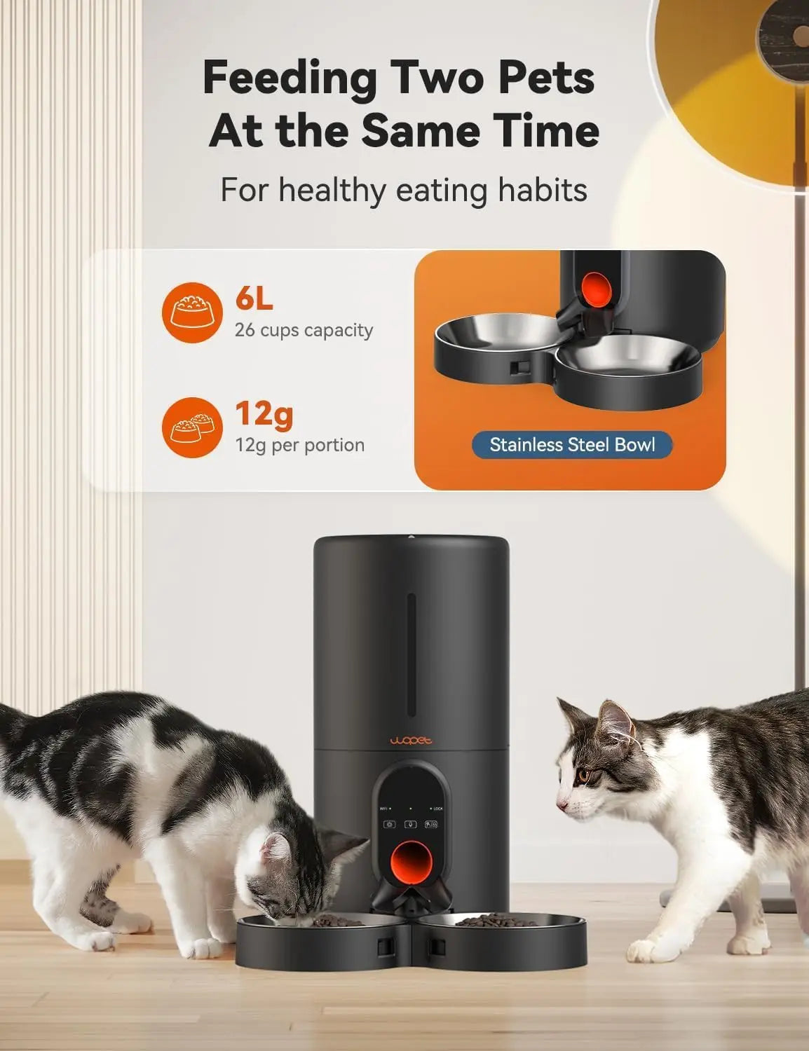 Automatic Feeder 5G WiFi Pet Feeder for Two Cats or Dogs with Remote Control 6L with Low Food Sensor