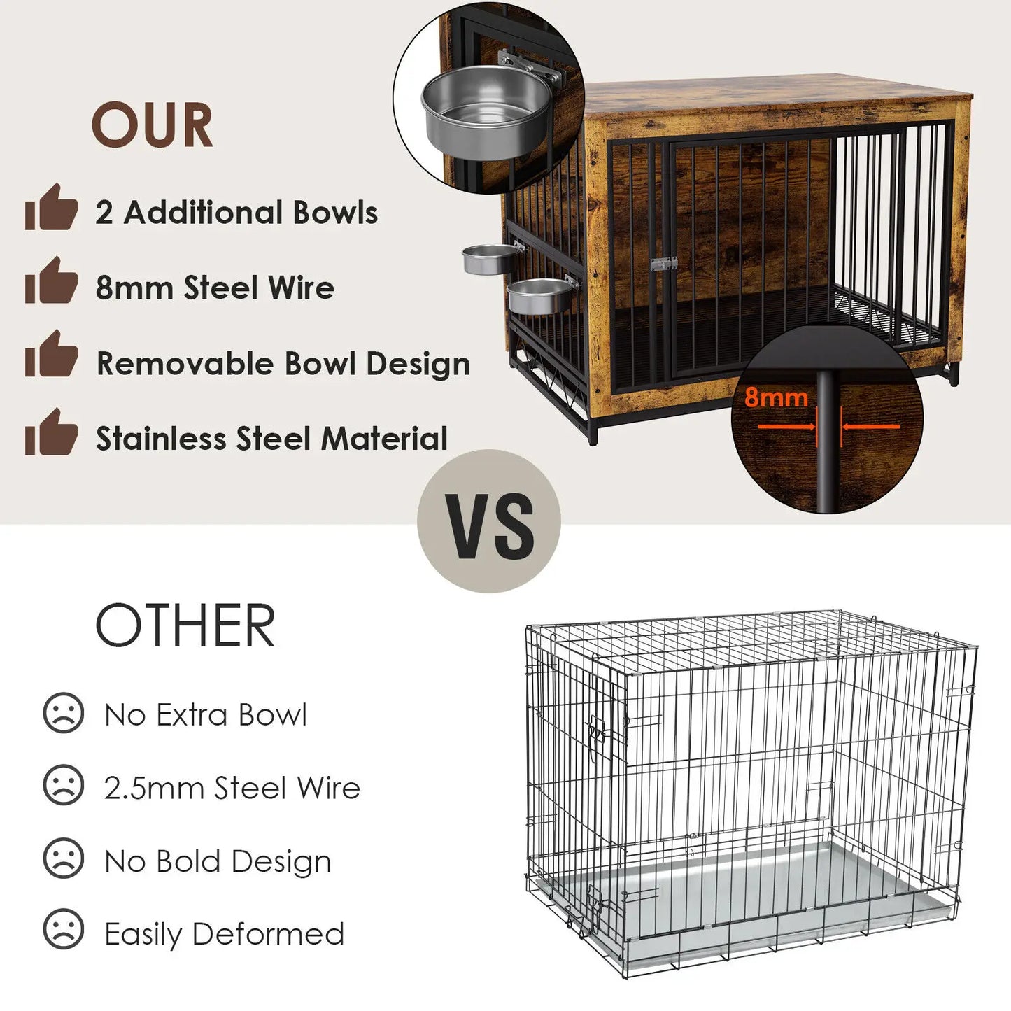 Furniture Style Dog Crate,Wooden Heavy Duty/ Raised Feeder/Dogs 2 Stainless Steel Bowls Brown/Gray