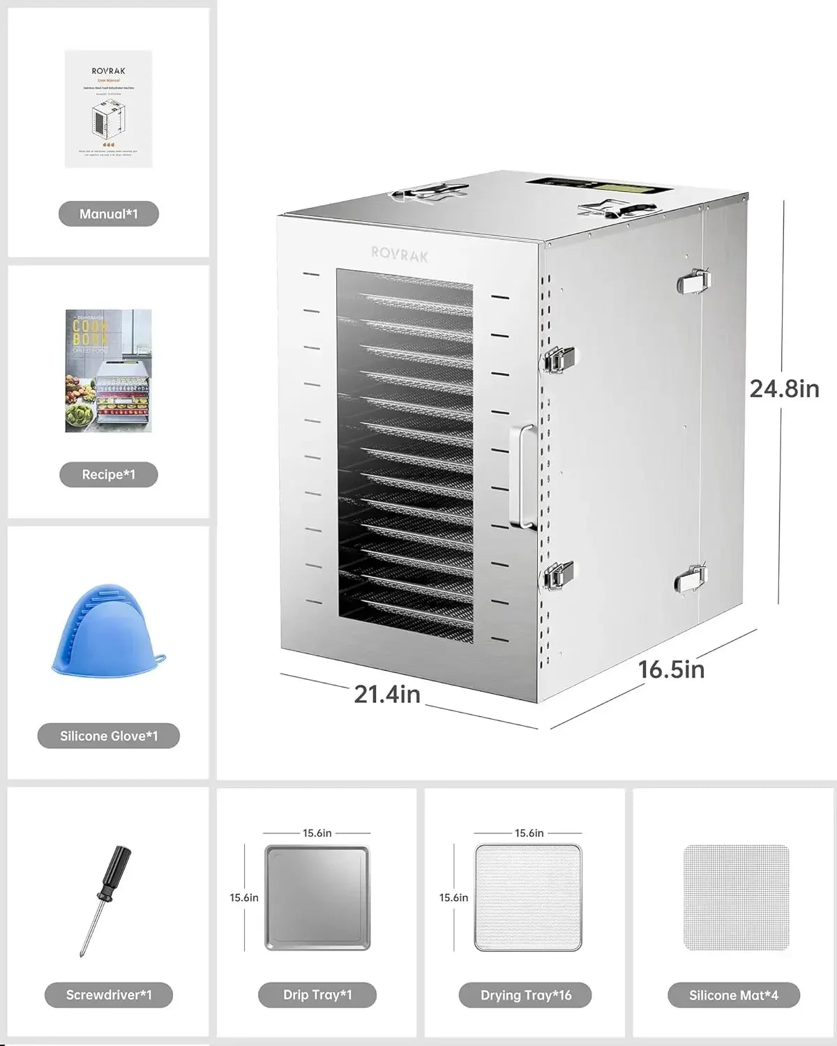 Commercial Dehydrator Machine 16-Tray Food Dehydrator for Jerky Fruit Meat Herbs Timer Temp Control