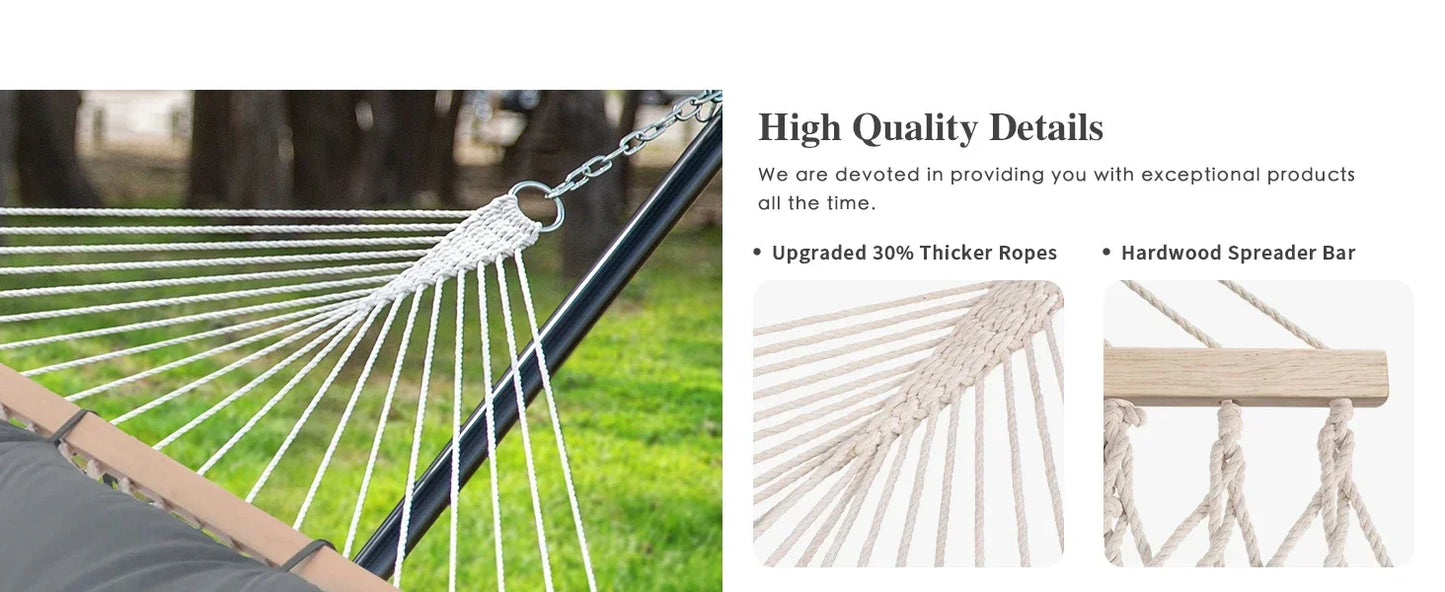 Double Outdoor Hammock with Stand, Two Person Cotton Rope Hammock with Polyester Pad, Dark Gray