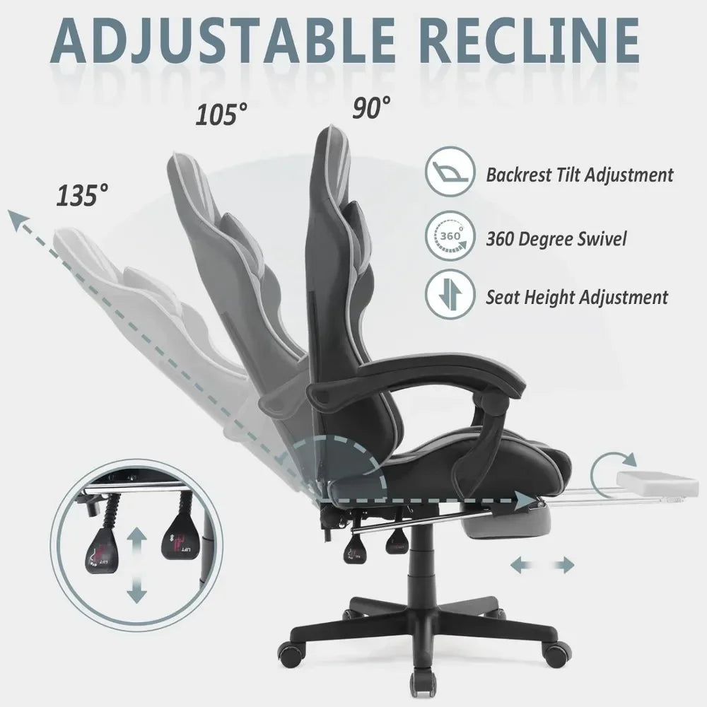 Grey Gaming Chairs w/Footrest,PC Gaming Chair,Computer Chair, E-Sports Chair,Ergonomic Office Chair