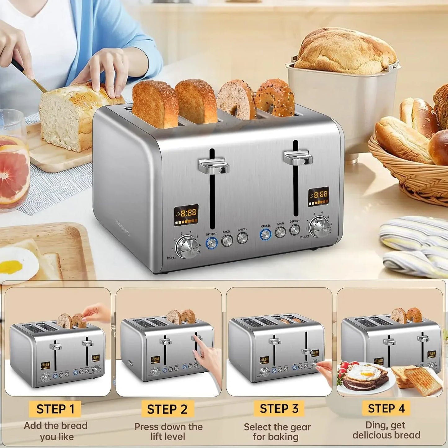 4 Slice Toaster Stainless Bread Toaster Color LCD Display 7 Bread Shade Settings 1.5'' Wide Slot