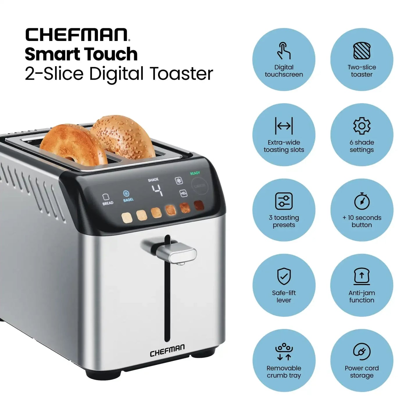 NEW Smart Touch 2 Slice Digital Toaster, 6 Shade Settings, Bagel Mode - Stainless Steel, New