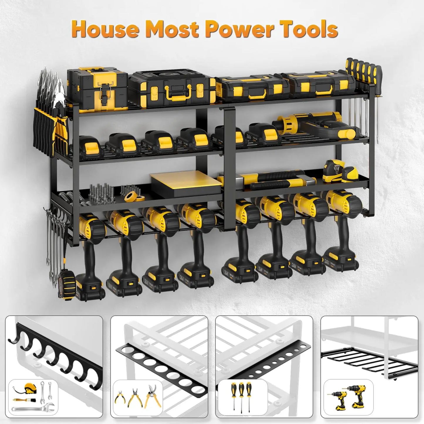 Power Tool Organizer Wall Mount, Extended Large Heavy Duty Drill Holder, 4 Layer Garage and Storage