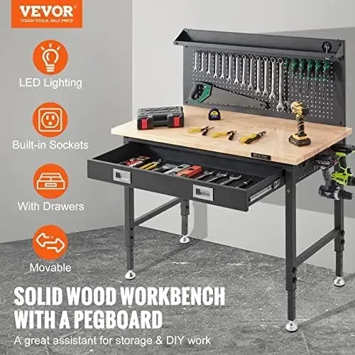 Workbench Adjustable Height Work Bench Oak Plank & Carbon Steel Heavy Duty Workbench 2000lbs Weight