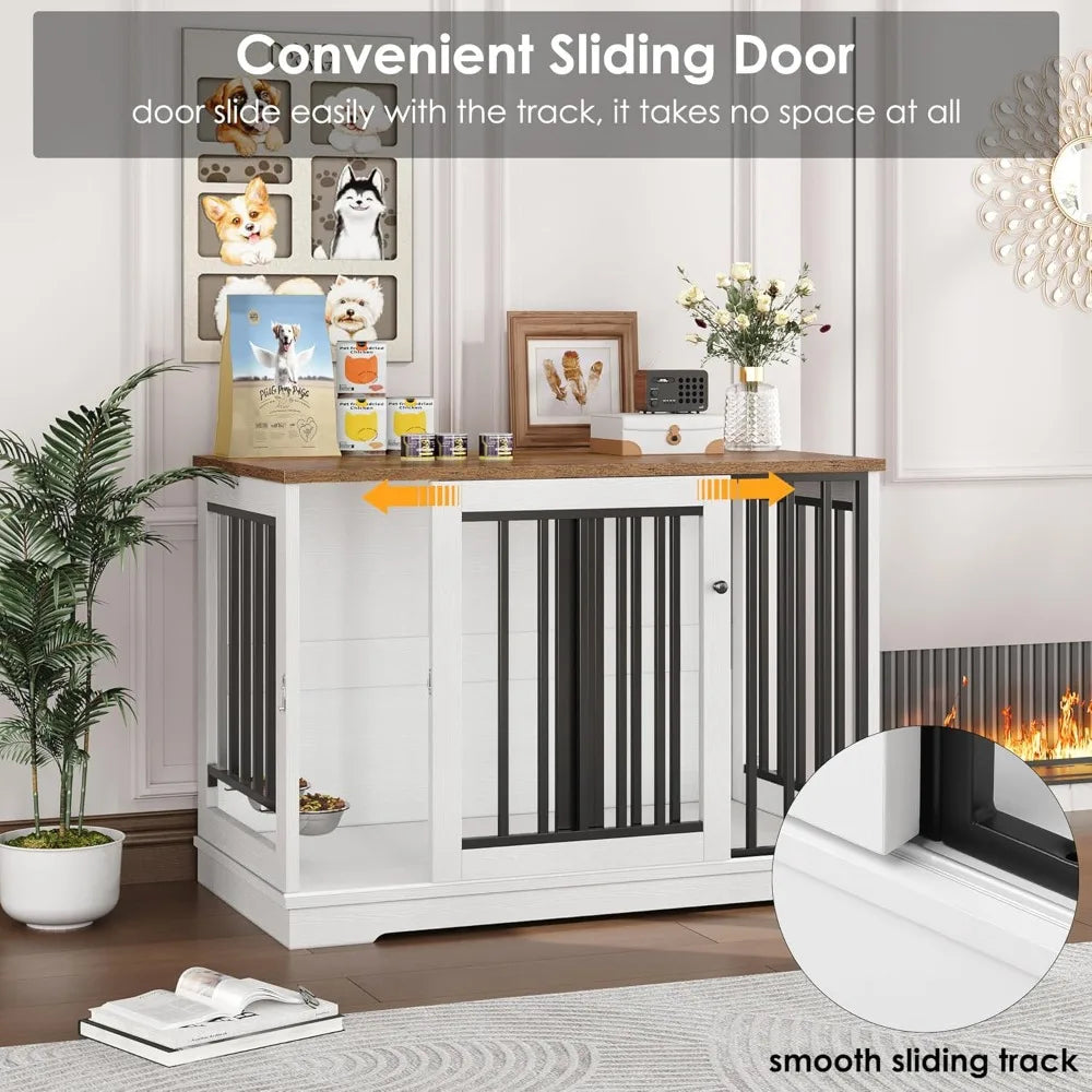 47 Large Dog Crate Furniture, Heavy Duty Dog Kennel Indoor with Sliding Door and 2 Adjustable Bowls