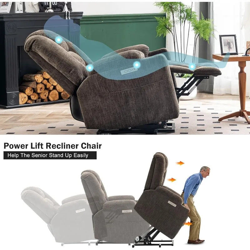 Power Lift Recliner Chair for Elderly, Plush Fabric Electric Recliner w/Heated & Vibration Massage