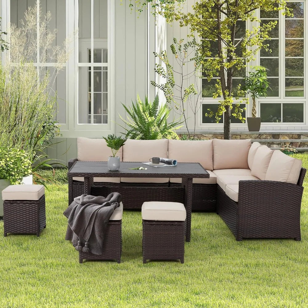 7 Pieces Patio Furniture Set,Sectional Sofa All Weather Wicker Rattan Couch Dining Table & Chair