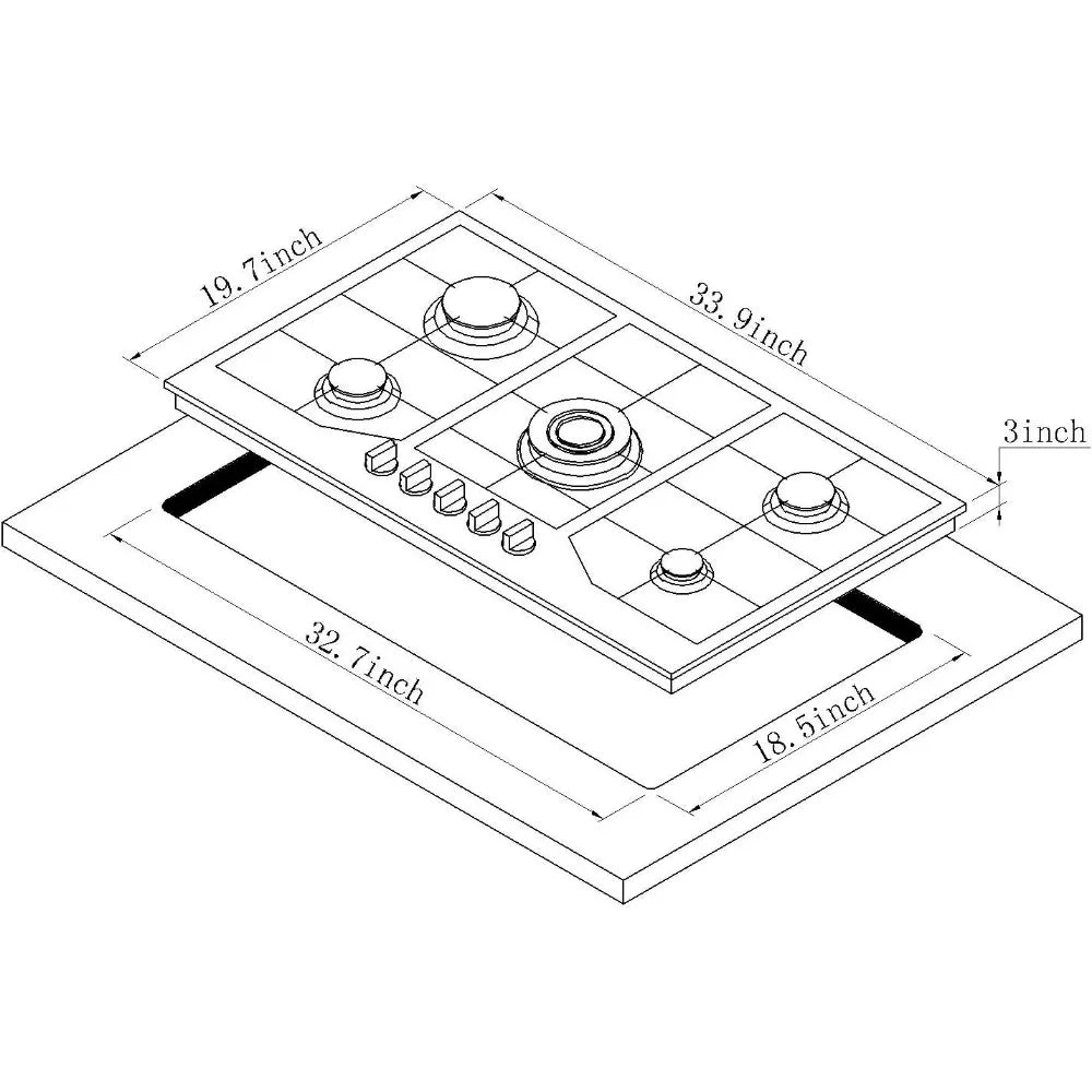 34 Inch Cooktop Stainless Steel Built-in 5 Burners Stovetop LPG/NG Convertible Gas Stove Top Dual Fuel