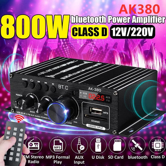 AK380 Power Amplifier Audio Karaoke Home Theater Amplifier 2 Channel Bluetooth USB/SD AUX