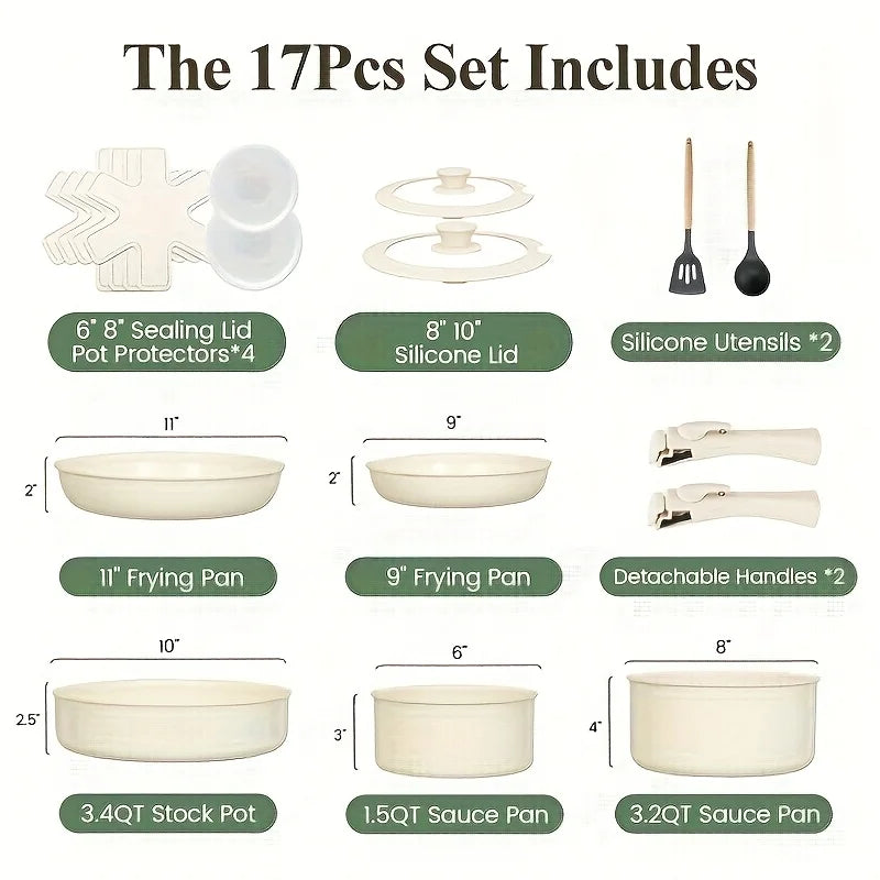 17pcs Ceramic Nonstick Kitchen Pots And Pans Cookware Set/Removable Handles RV Kitchen Set