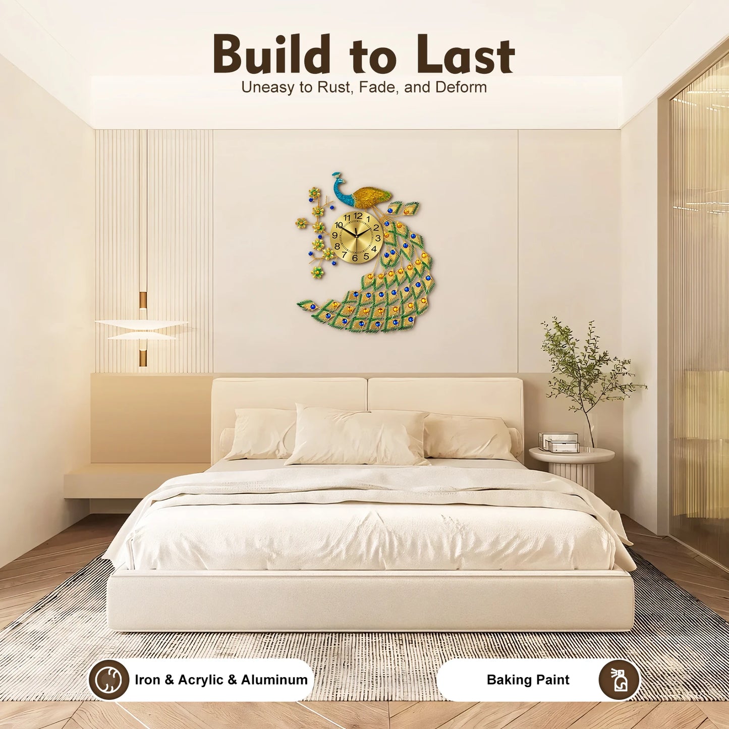 Peacock Wall Clock, Modern Gold & Blue Design, 65*75cm Size, Wall-Mounted Analog Clock with Numbers