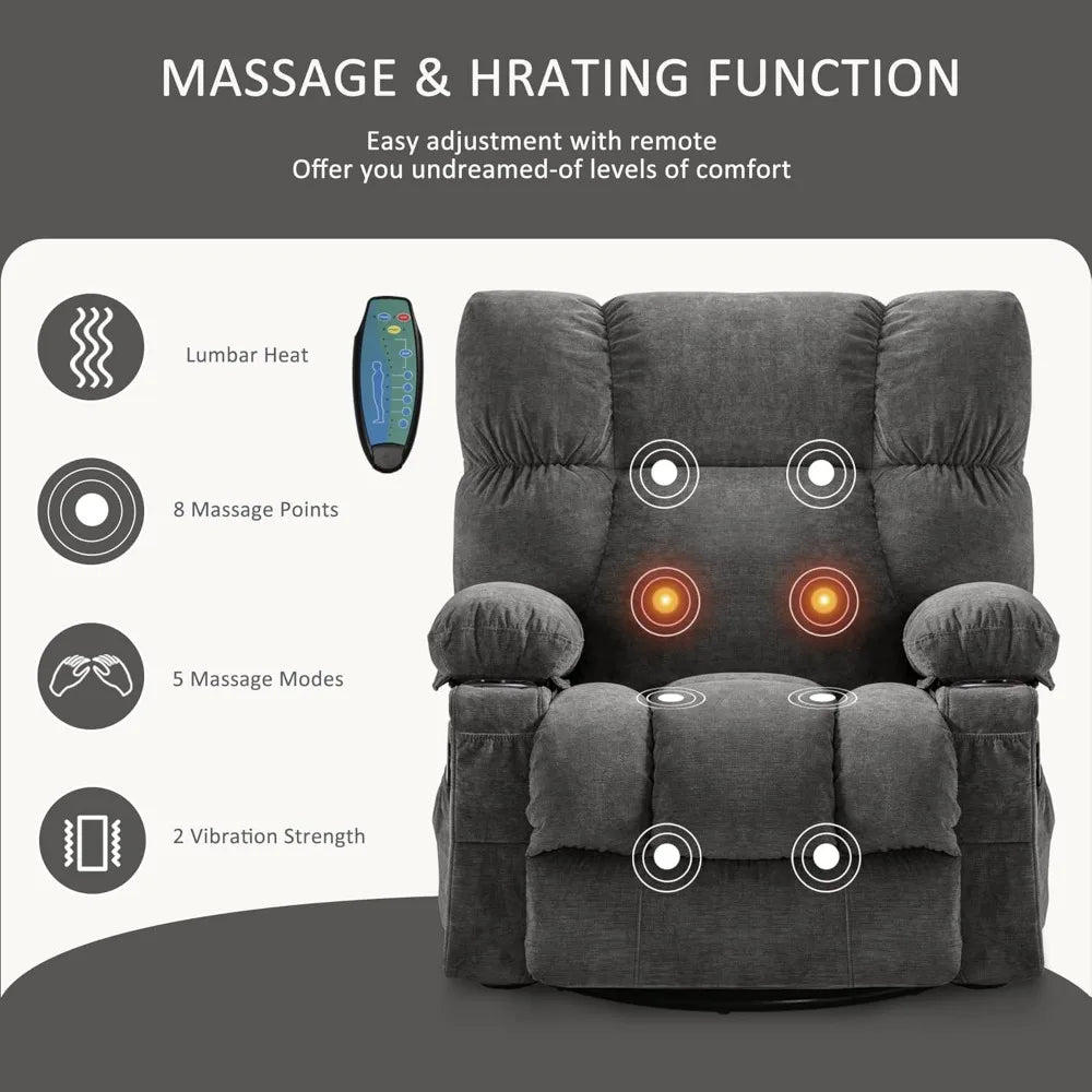 Recliner Chair with Vibration Massage & Lumbar Heating, 360° Swivel Oversized Rocker Recliner /USB