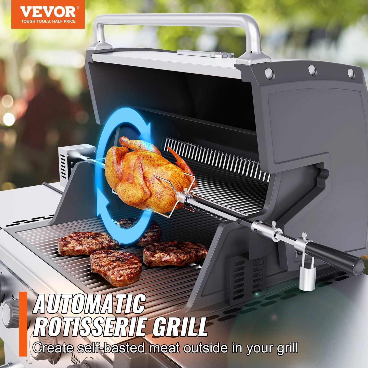 VEVOR Universal Grill Rotisserie Kit for Grills, Electric BBQ Grill with 9W Motor, Stainless Steel