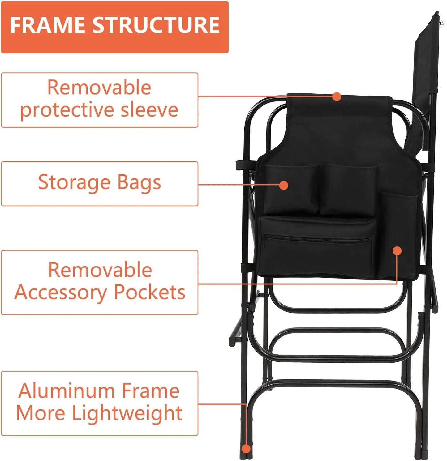 30" Tall Directors Chair Black Folding w/Side Table Storage Bag,300 lbs 19.2" D x 23.6" W x 45.6" H