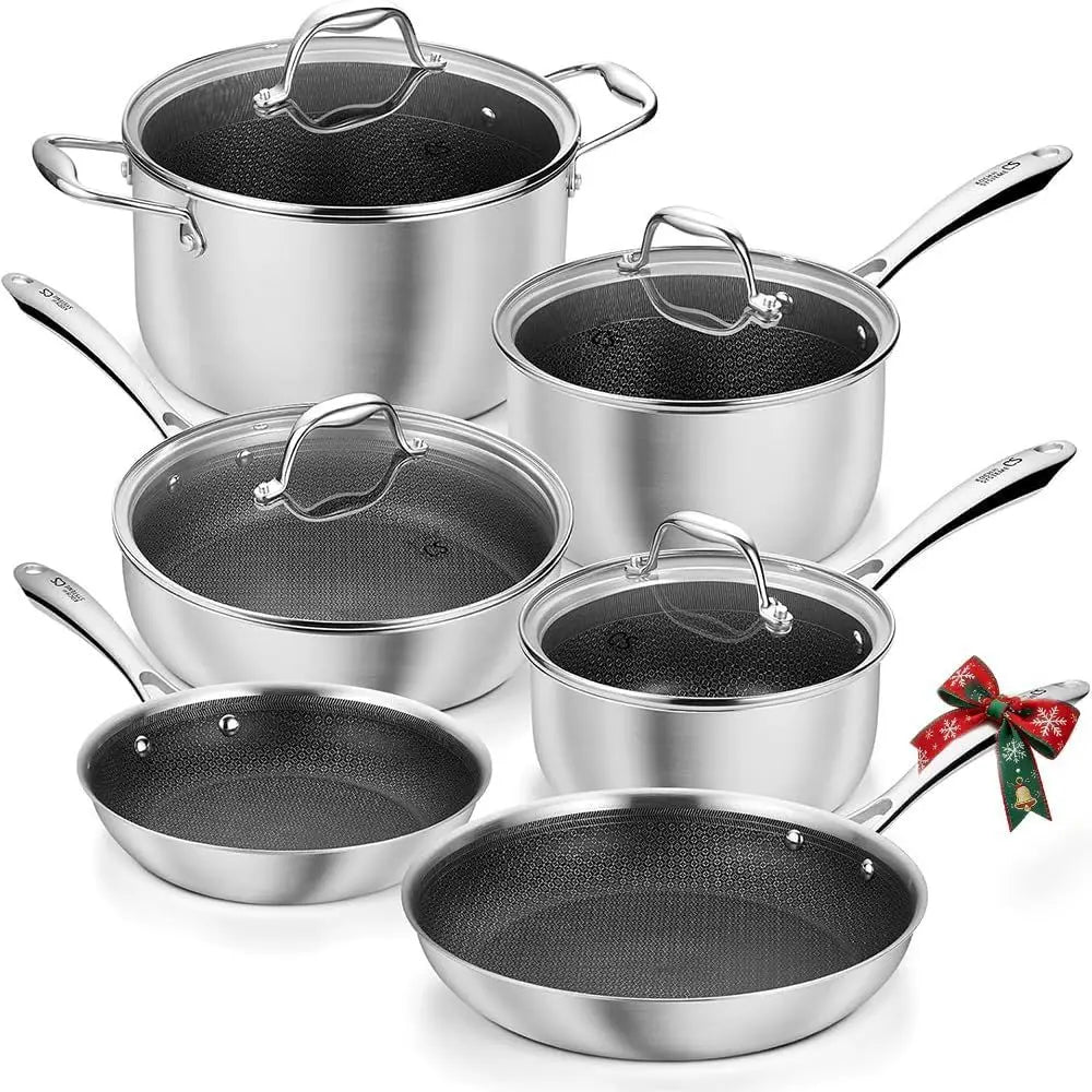 10-Piece Nonstick Stainless Steel Cookware Set with Honeycomb Interior, 18/10 Grade, Induction Ready