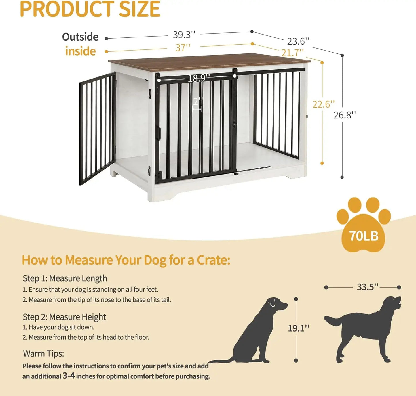 39.4" Heavy Duty Dog Crate W/Barn Door, Kennel for Small/Medium/Large Dogs, End Side Table