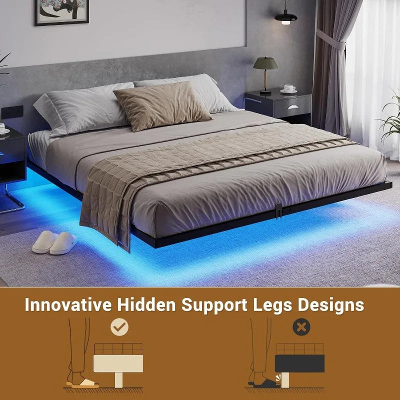 Floating Bed Frame with LED Lights, Metal Platform Full Bed, No Box Spring Needed