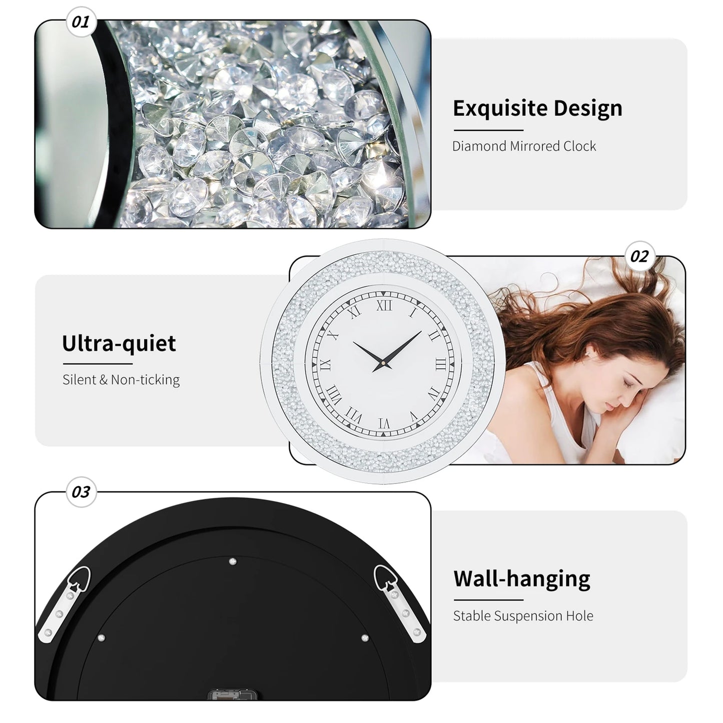 60/80CM Bling Silver Round Mirror Clock Glam Sparkle Twinkle Shining Mirrored Wall Clock