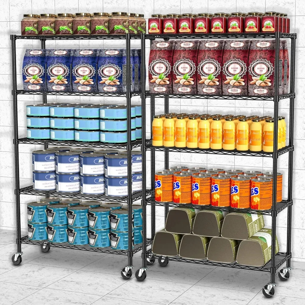 5 Tier Storage Shelves w/Wheels - Metal Shelves for Storage Adjustable Wire Shelving Unit Organizer