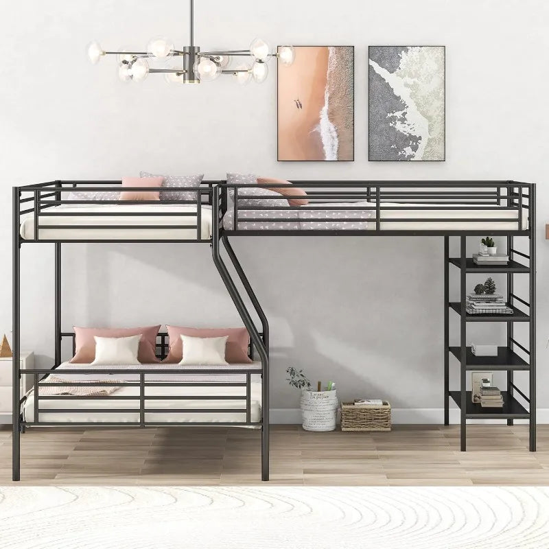 Triple Bunk Beds with Slide, L-shape Twin Over Full Bunk Bed Attached a Loft Bed with Desk