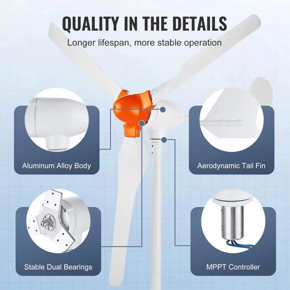 800W 12V 3 Blade Wind Turbine with MPPT Controller Adjustable for 2.5m/s Start Wind Speed