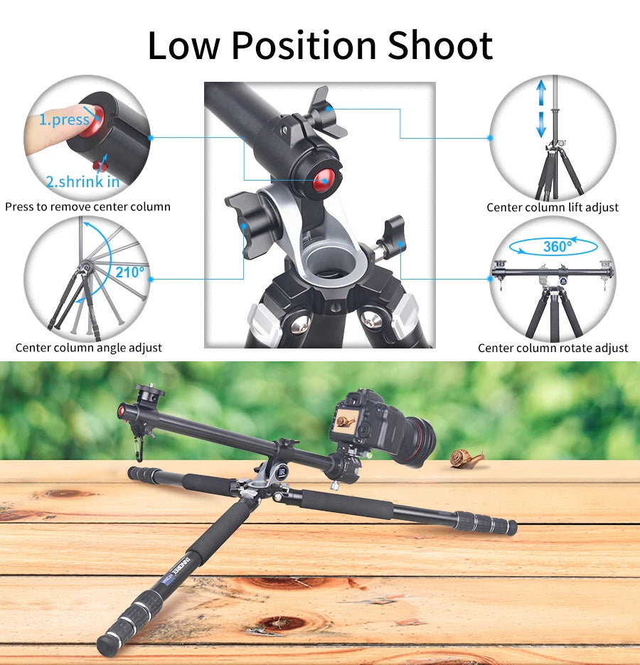 INNOREL HT284A Alloy Camera Tripod Horizontal Stand for DSLR Video Camcorder Center Column Load 20kg