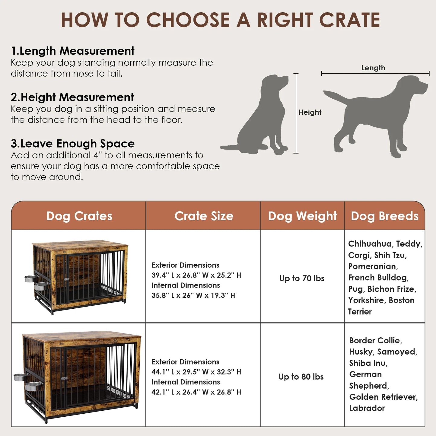 Furniture Style Dog Crate,Wooden Heavy Duty/ Raised Feeder/Dogs 2 Stainless Steel Bowls Brown/Gray