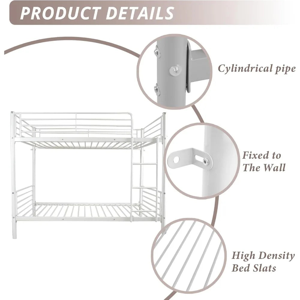 White Bunk Bed Twin Over Twin with 2 Storage Drawers, Metal Bunk Bed with Built-in Ladder