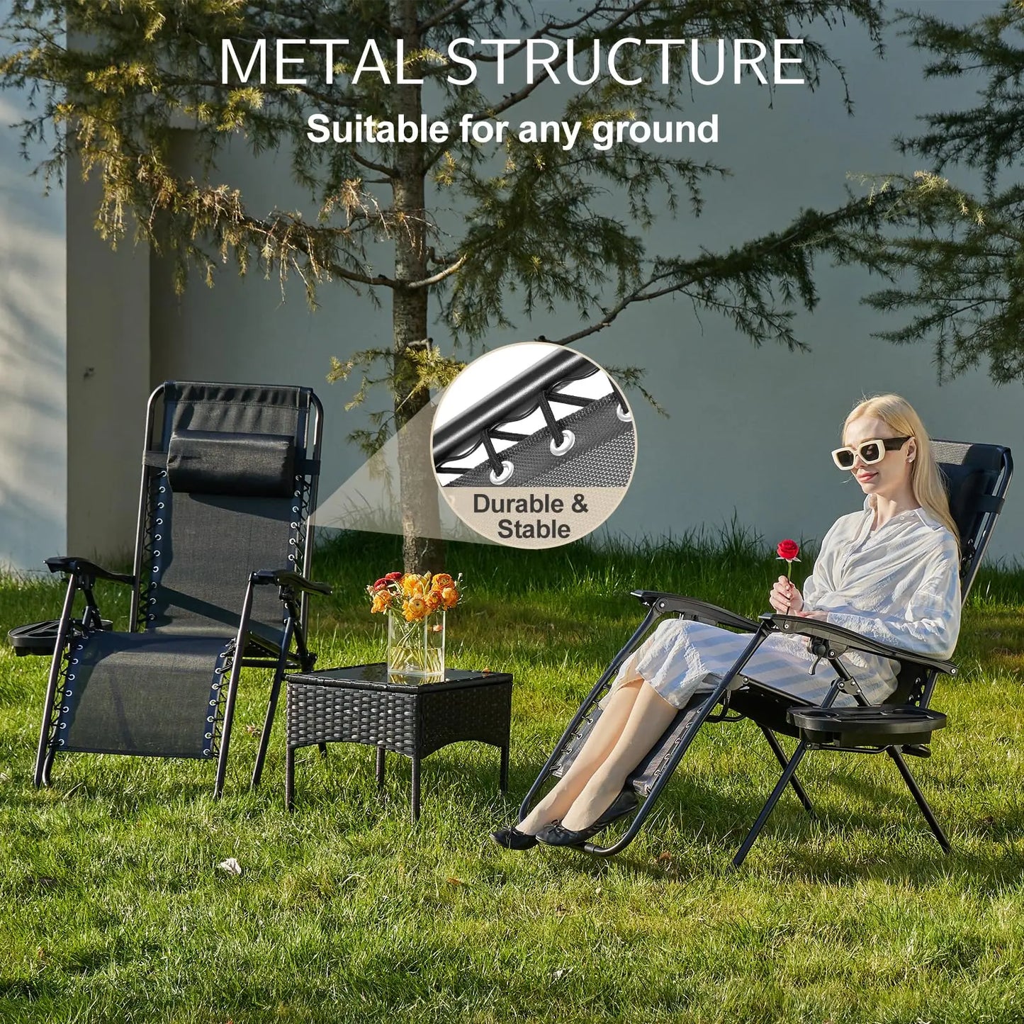 JHK Zero Gravity Portable Recliner Camping Patio Outdoor Garden Lounge Chair with Cup Holder Trays