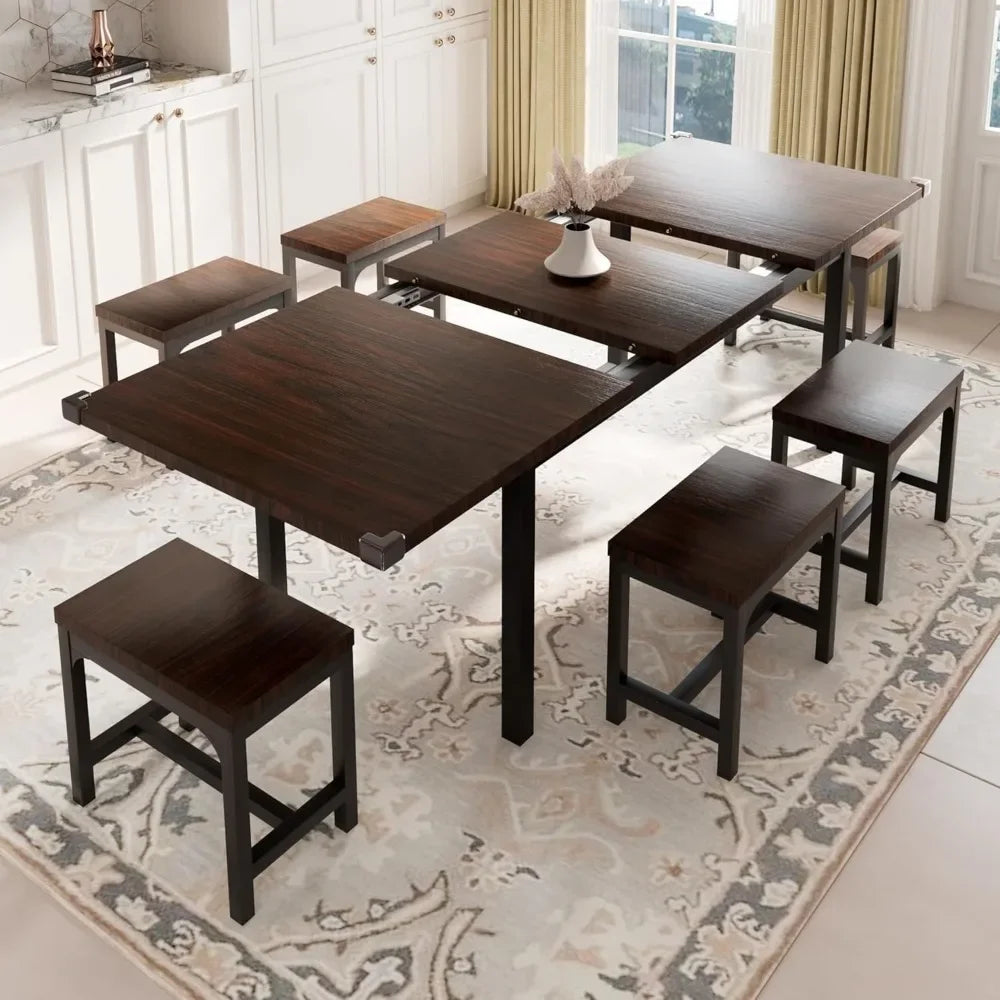 Dining Table Set with Stools,  Large Extendable Kitchen Table, Mid-Century Dining Room Table