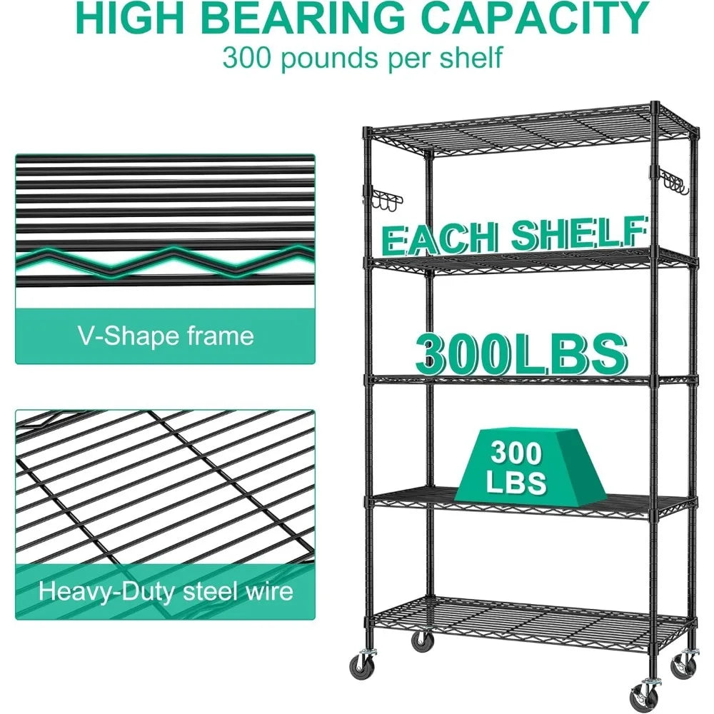 5 Tier Storage Shelves w/Wheels - Metal Shelves for Storage Adjustable Wire Shelving Unit Organizer