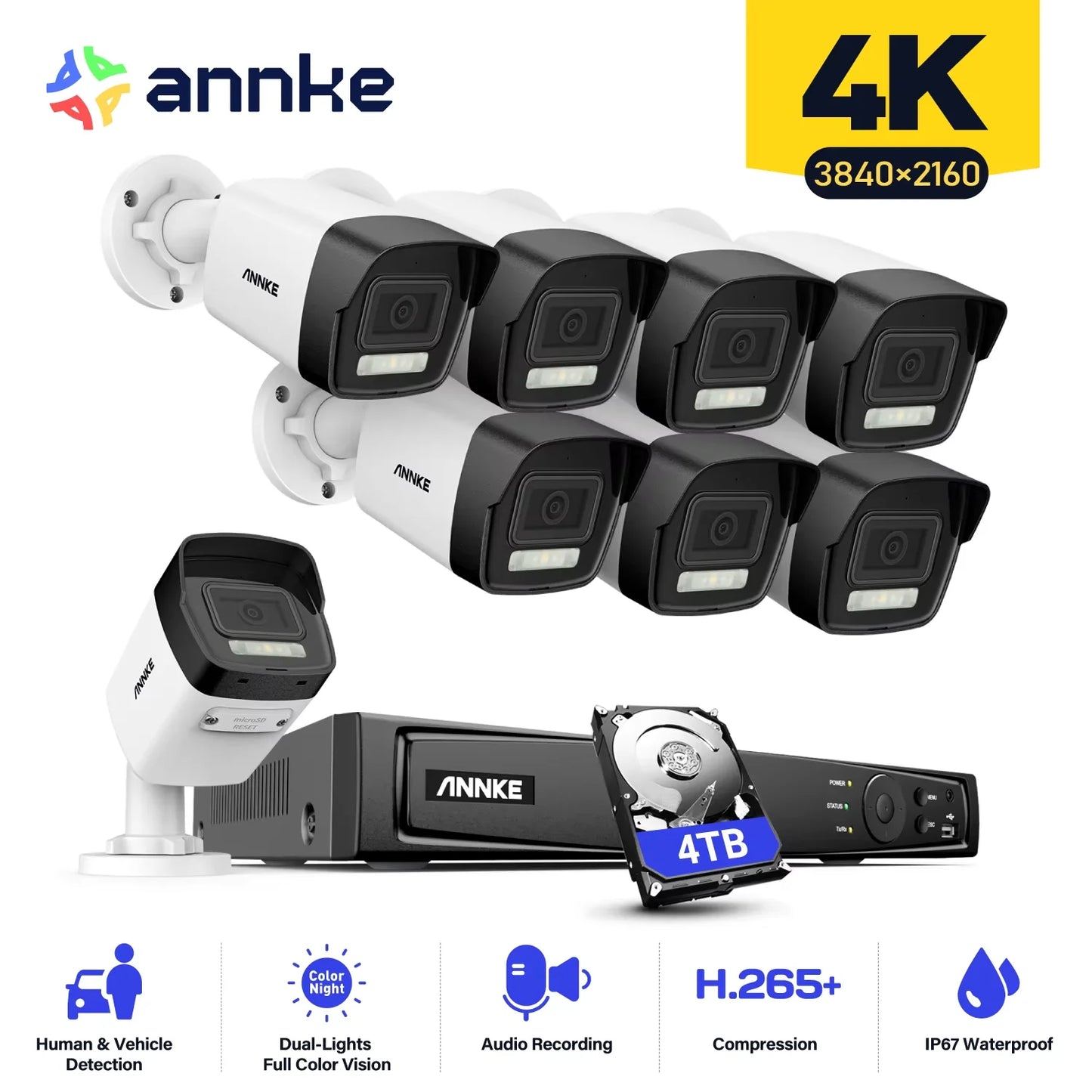 ANNKE 8CH 8MP Ultra HD PoE Network Video Security 4K H.265 Surveillance NVR 4x8MP HD IP67 POE CCTV