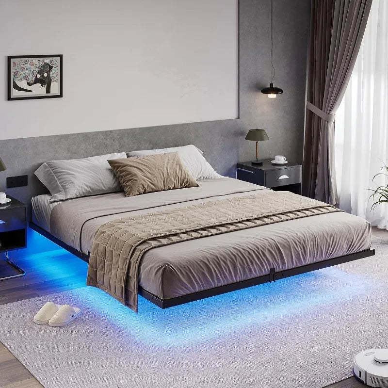 Floating Bed Frame with LED Lights, Metal Platform Full Bed, No Box Spring Needed