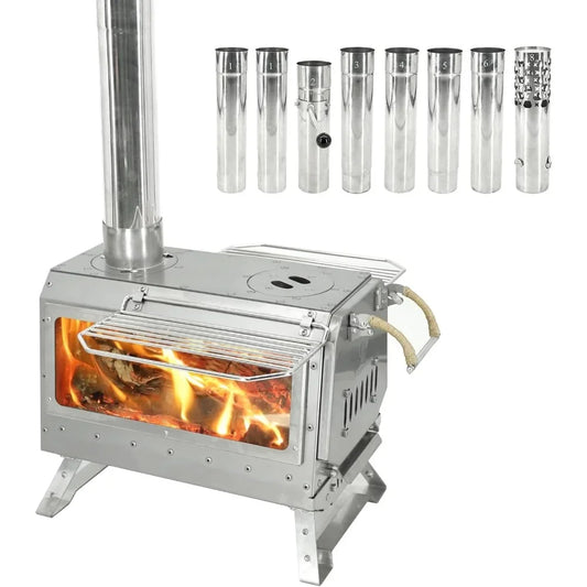 Secondary Combustion Portable Wood Burning Stove W/Side Glass Gas Camping Stove Chimney Pipes Inc