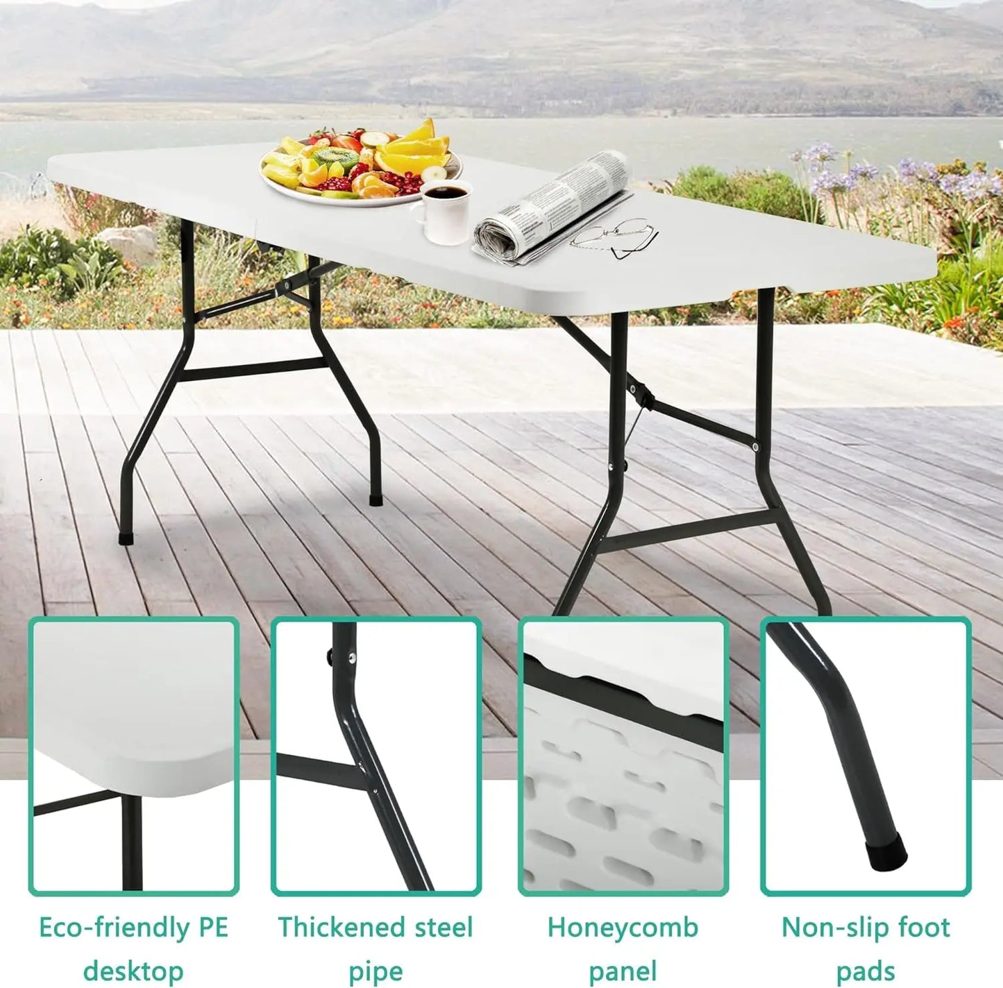 Camping Table Plastic Picnic Table Office Table for Parties Wedding Camping Office  (White, 6 FT)