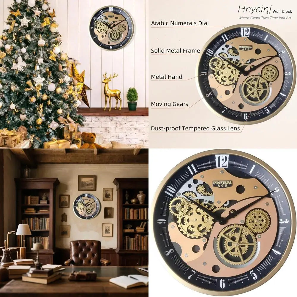 Vintage Gear Wall Clock, Battery-Powered Antique Steampunk Metal Timepiece (Black, 18)