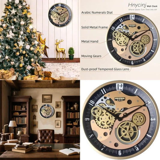 Vintage Gear Wall Clock, Battery-Powered Antique Steampunk Metal Timepiece (Black, 18)