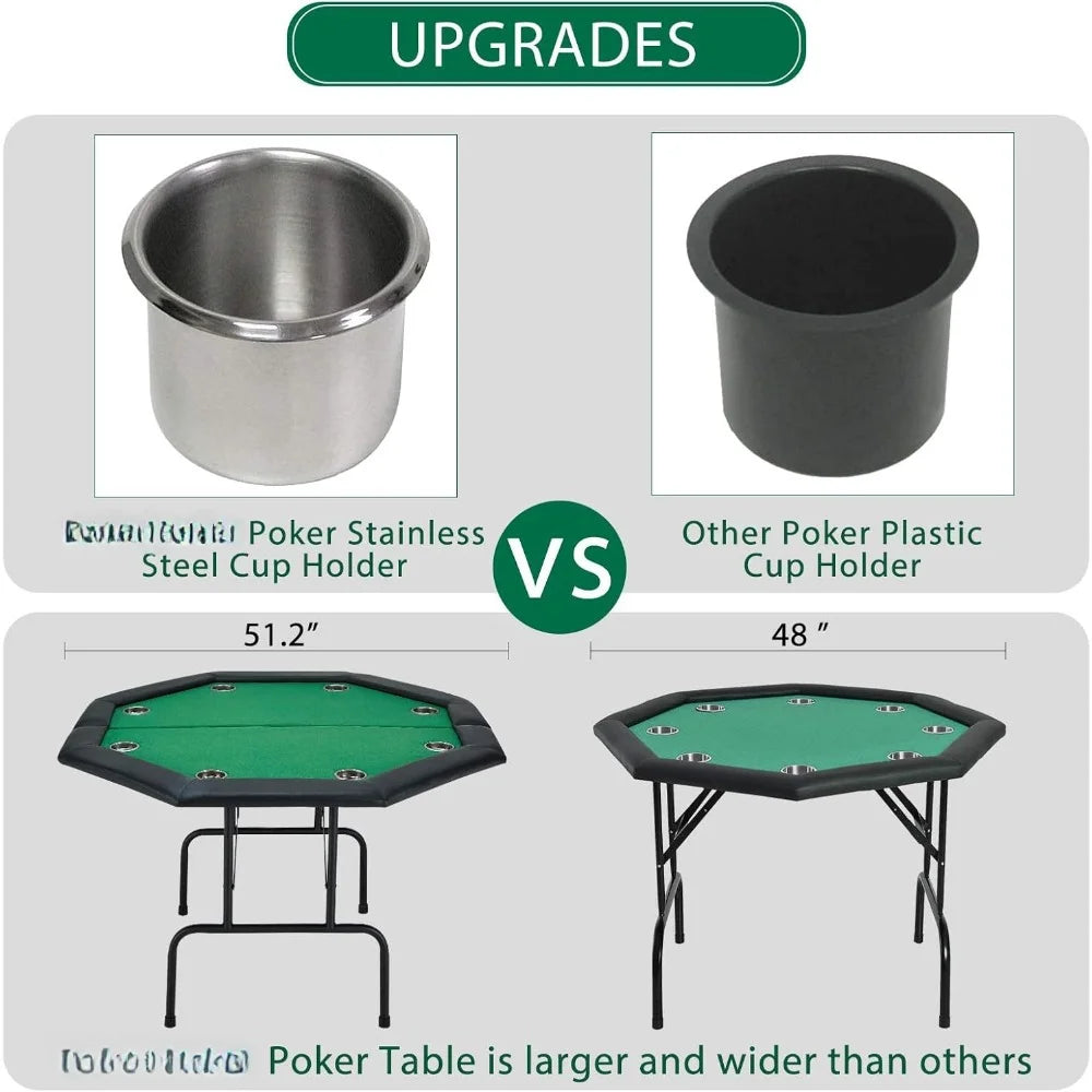 Game Poker Table w/Stainless Steel Cup Holder for 8 Player with Green Felt