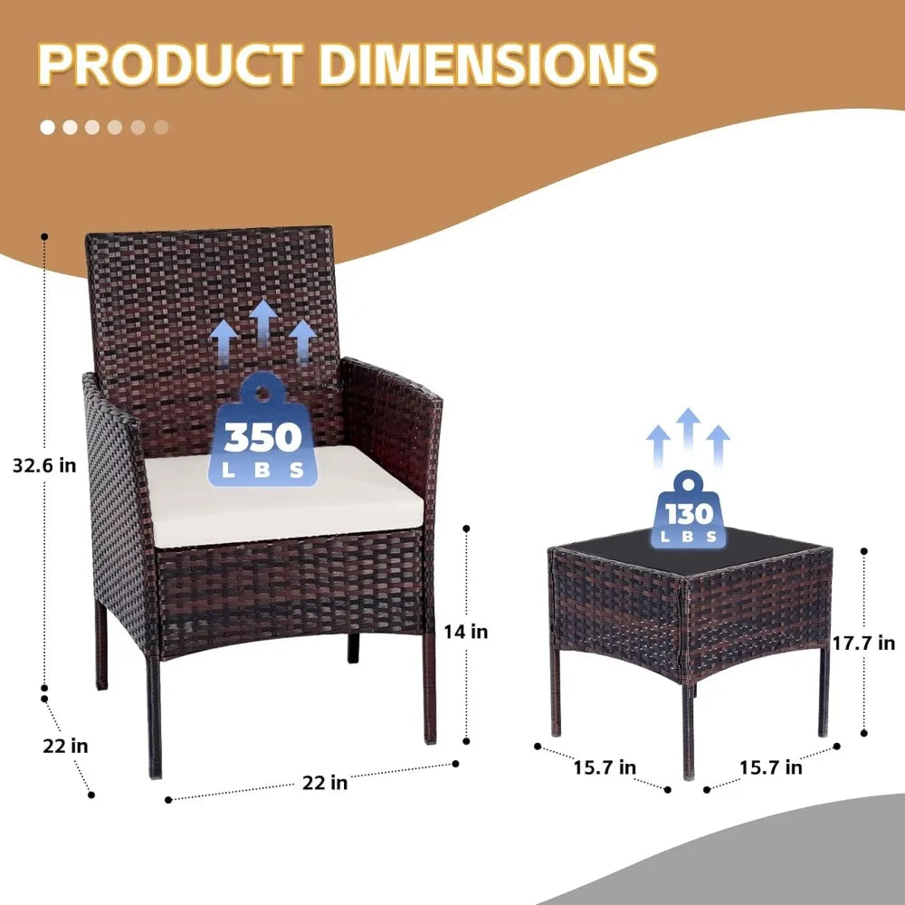 Patio Set 3 Piece Outdoor Rattan Porch Furniture w/Tempered Glass Side Table & Cushion All Weather