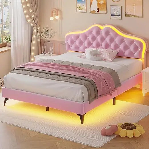 ADORNEVE Queen Size Upholstered LED Bed Frame, Girls Bed/Adjustable Crystal Button Headboard